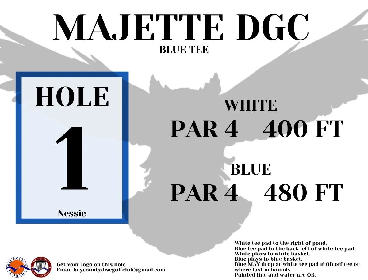 2020 letter-size tee sign for hole 1, Nessie: white and blue par and distance, the owl watermark, out-of-bounds notes, and two sponsor logos.