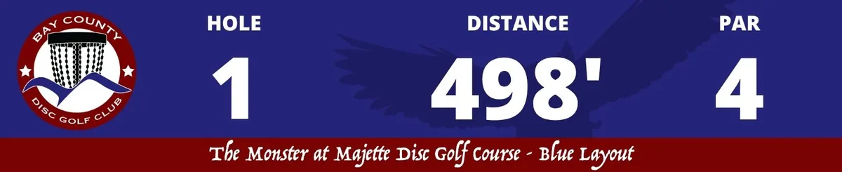 2021 tee sign strip: the club mark, hole 1, 498 feet, par 4, and 'The Monster at Majette Disc Golf Course, Blue Layout' on a red band.