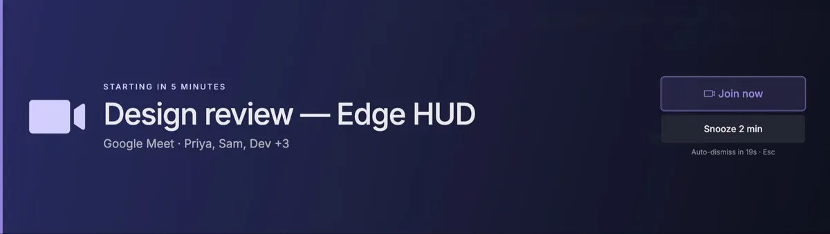 A full-panel meeting takeover reading Starting in 5 minutes, Design review, with Join now and Snooze 2 min buttons and an auto-dismiss countdown.