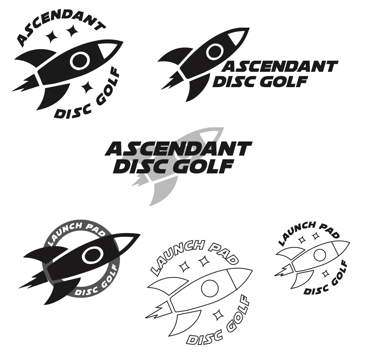 Exploration sheet for Ascendant and Launch Pad Disc Golf: rocket marks in several weights and lockups.