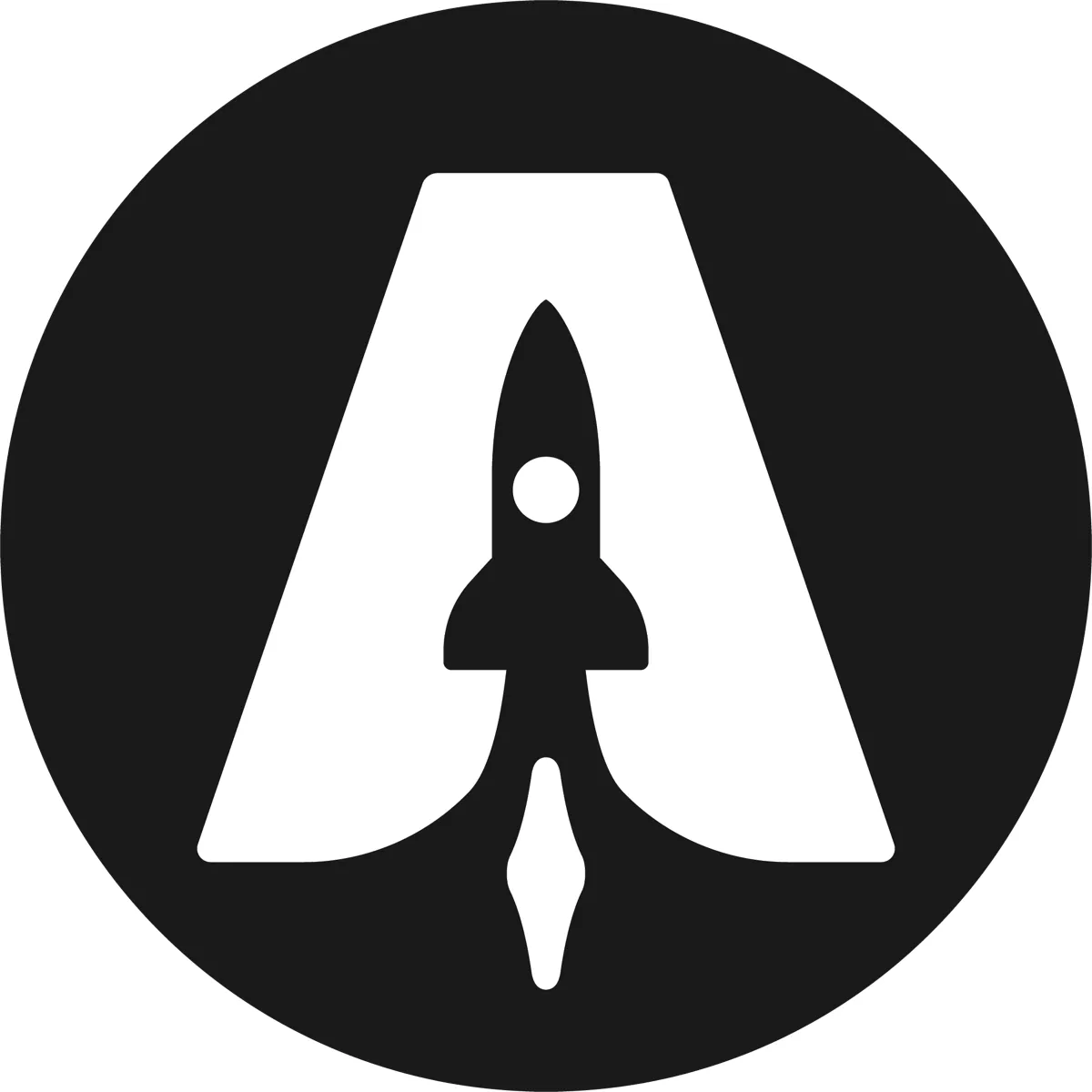 Ascendant Disc Golf mark: a white capital A with a rocket cut out of its center, on a black circle.