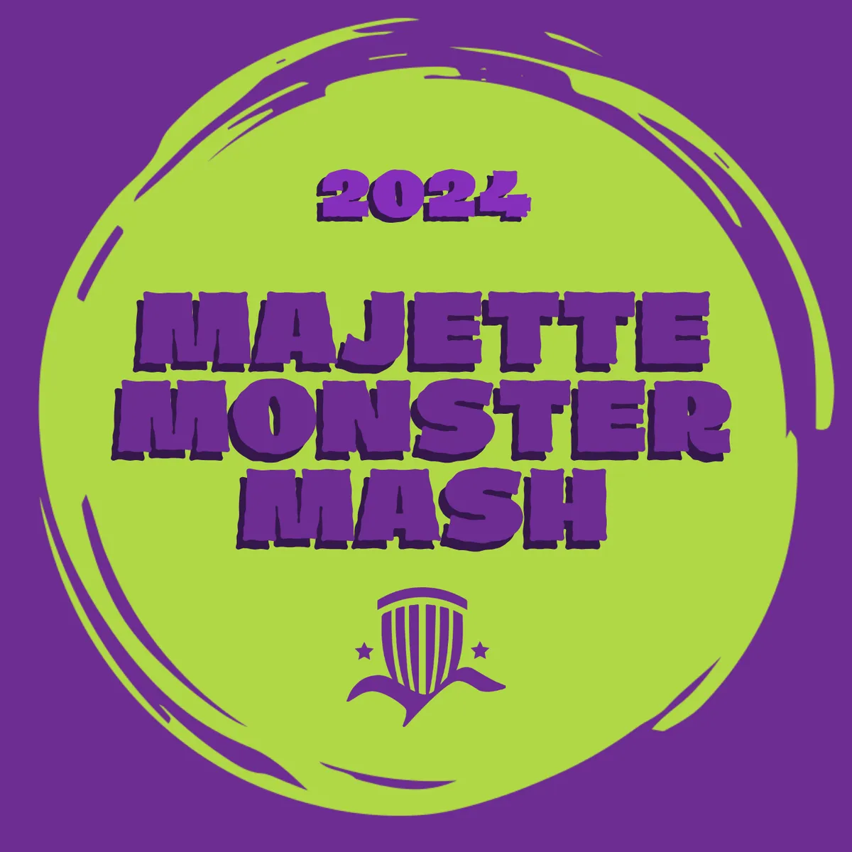 2024 Majette Monster Mash badge: purple lettering on a lime-green brushed circle with the club mark.