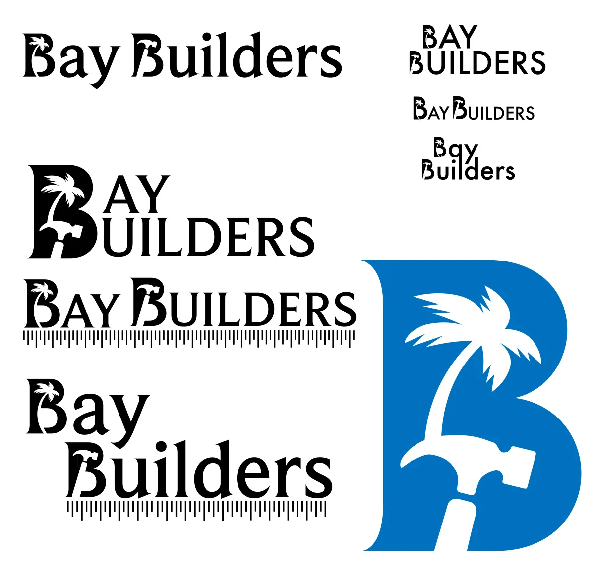 Bay Builders wordmark exploration: a dozen typographic treatments and a B mark with a palm tree and hammer.