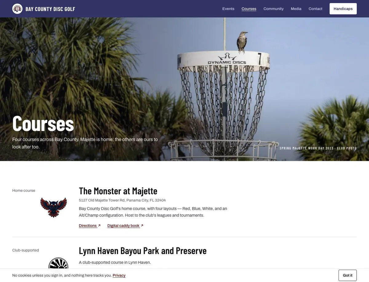 The courses page: an osprey on a basket in the hero, then The Monster at Majette with the owl mark, its address, four layouts, directions, and the caddy book.