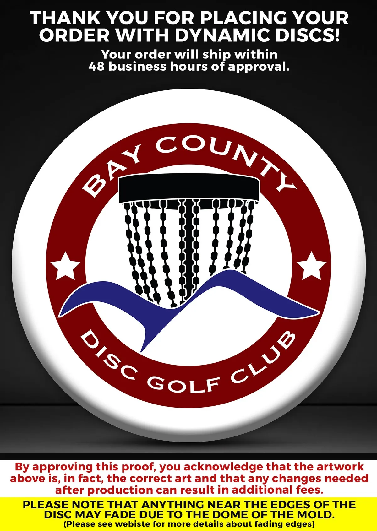 Dynamic Discs DyeMax proof of the original Bay County Disc Golf Club crest on a white disc, 2020.