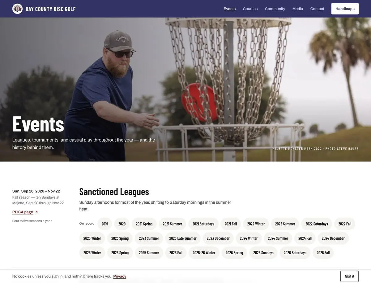The events page: a photo hero, then Sanctioned Leagues with dates and a row of PDGA record chips for every season back to 2019.