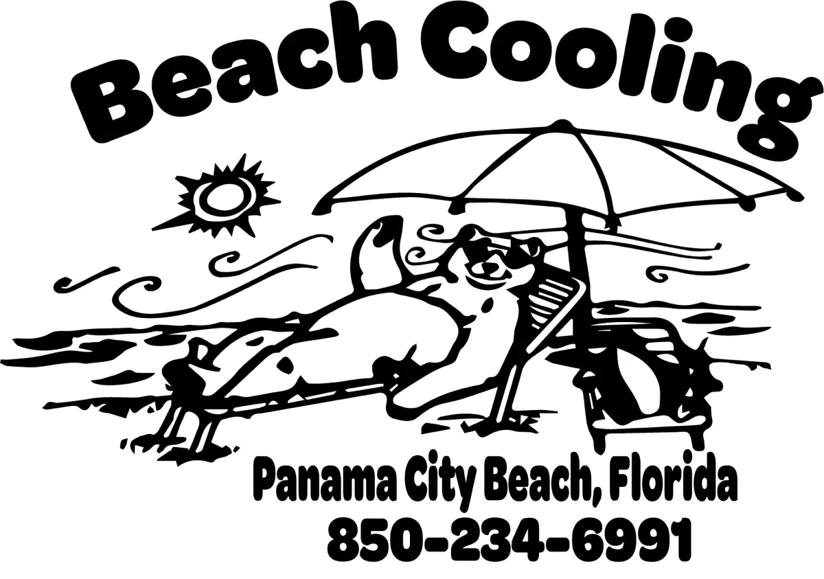 Beach Cooling: a hand-drawn cartoon of a man relaxing on a beach chair under an umbrella, with the company name and phone number.