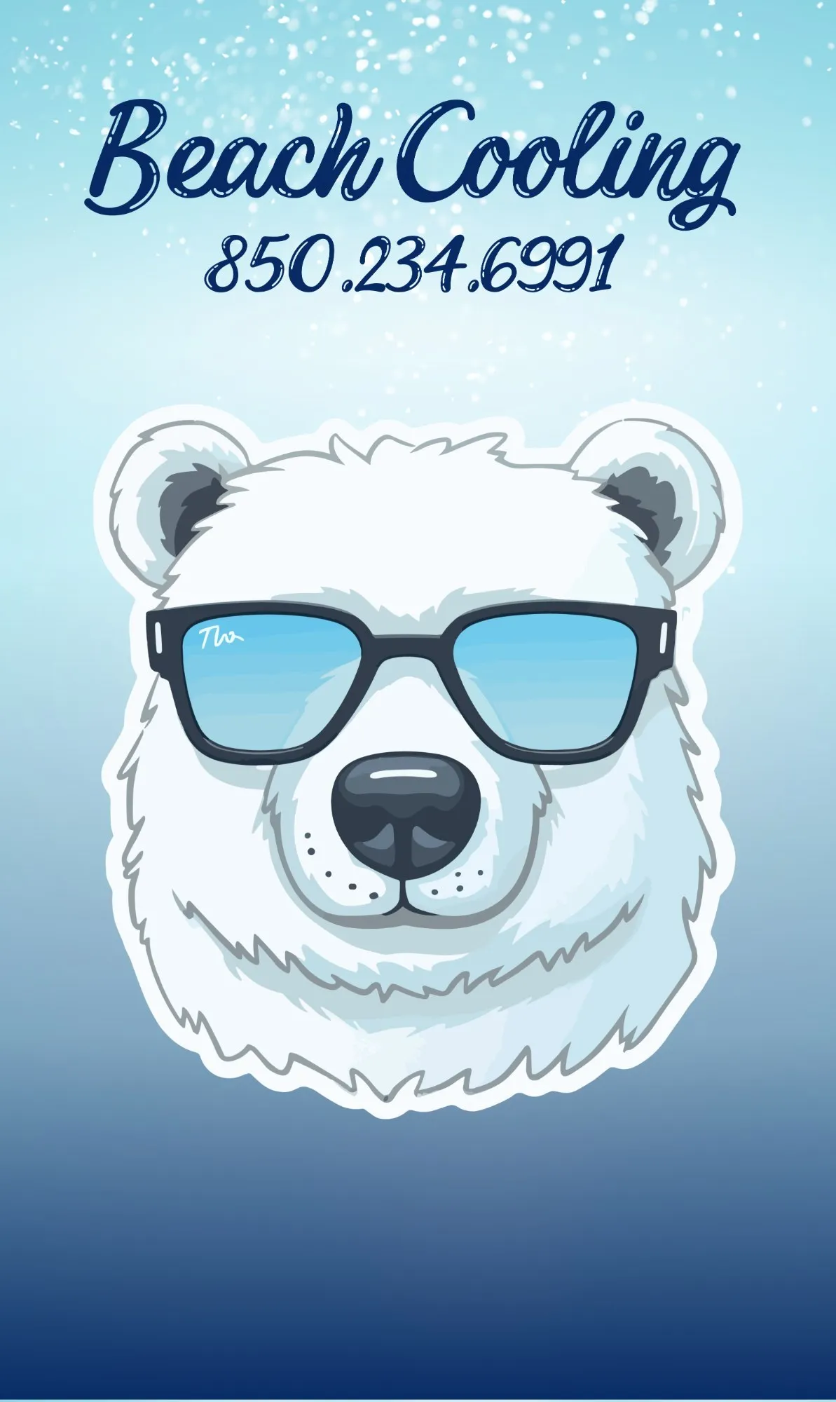 Beach Cooling jersey front, blue: the polar bear mascot in sunglasses under the Beach Cooling script and phone number, on a snowy winter-sky gradient.