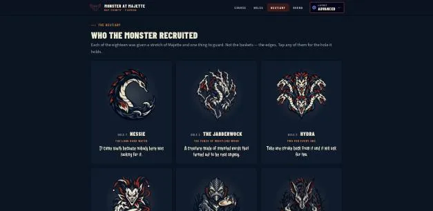 The Bestiary: a grid of eighteen monster portraits, one per hole, each with a one-line description.