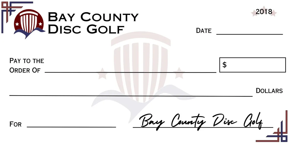 Oversized presentation check with the Bay County Disc Golf crest, dated 2018.