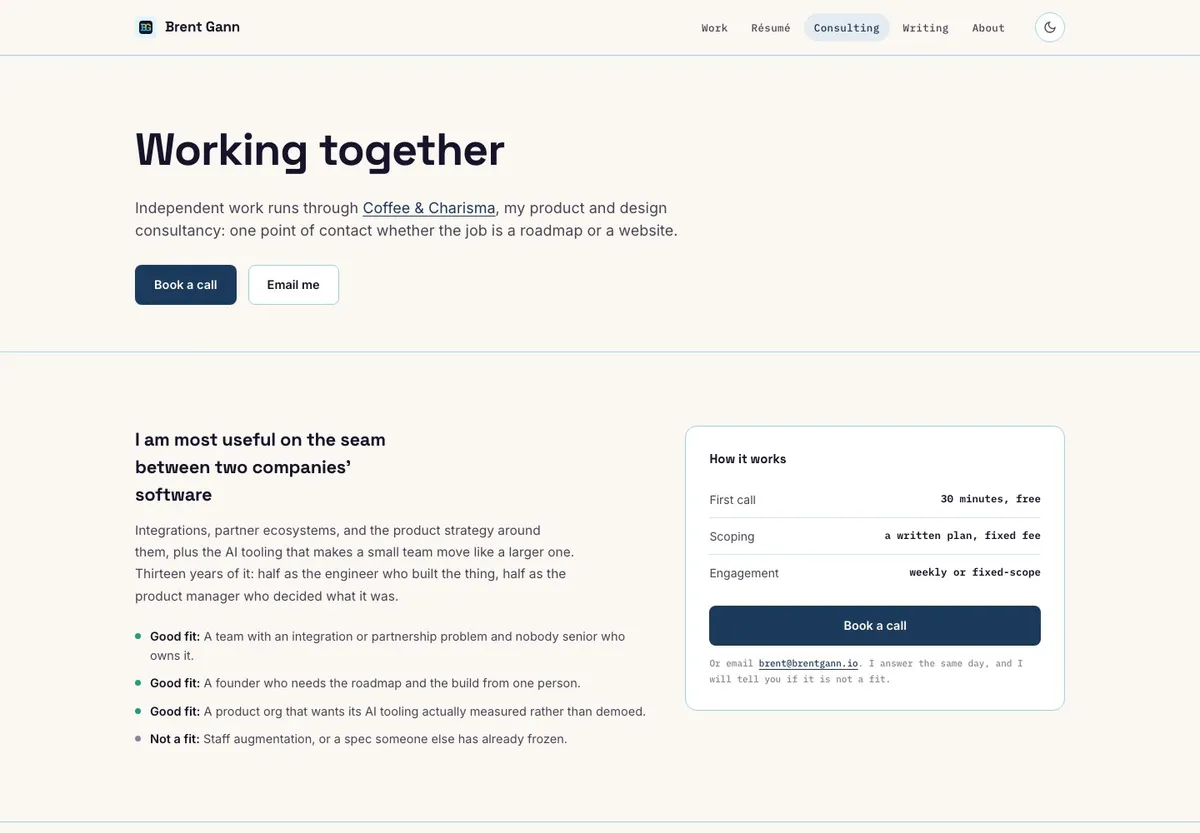 The consulting page: a thesis about the seam between two companies' software, three good-fit and one not-a-fit lines, and a how-it-works card with a Book a call button.