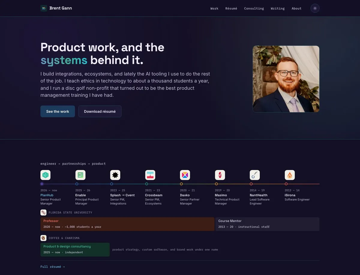 The same home page in dark mode: the hero, the experience rail with logo chips on light tiles, and the two concurrent lanes beneath it.