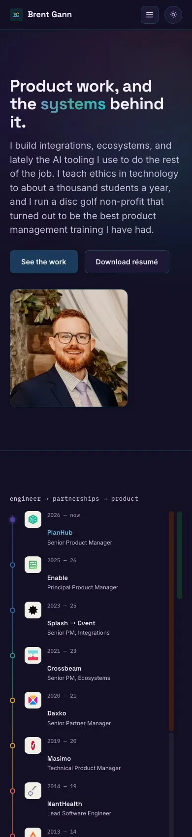 The home page at phone width: the career rail rotated vertical with the gradient spine down the left, the concurrent commitments as bars beside it, and a key beneath.