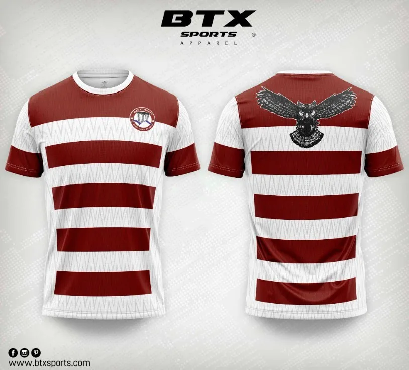Early full-sublimation jersey: maroon and white hoops with an eagle crest, front and back, from BTX Sports.