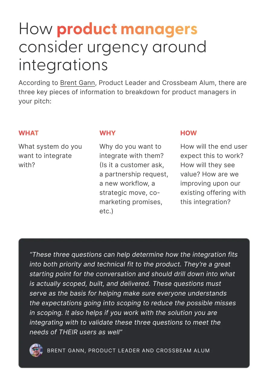 Guide page titled The trigger, listing three causes for an integration request and a practical-versus-strategic split.