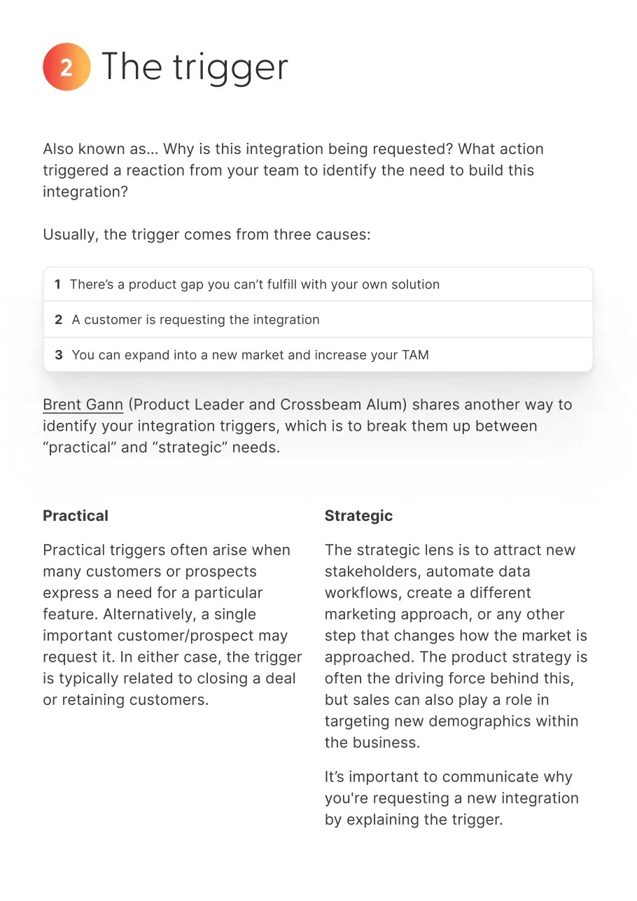 Guide page titled How product managers consider urgency around integrations, with a three-column What / Why / How framework and a pull quote from Brent Gann.