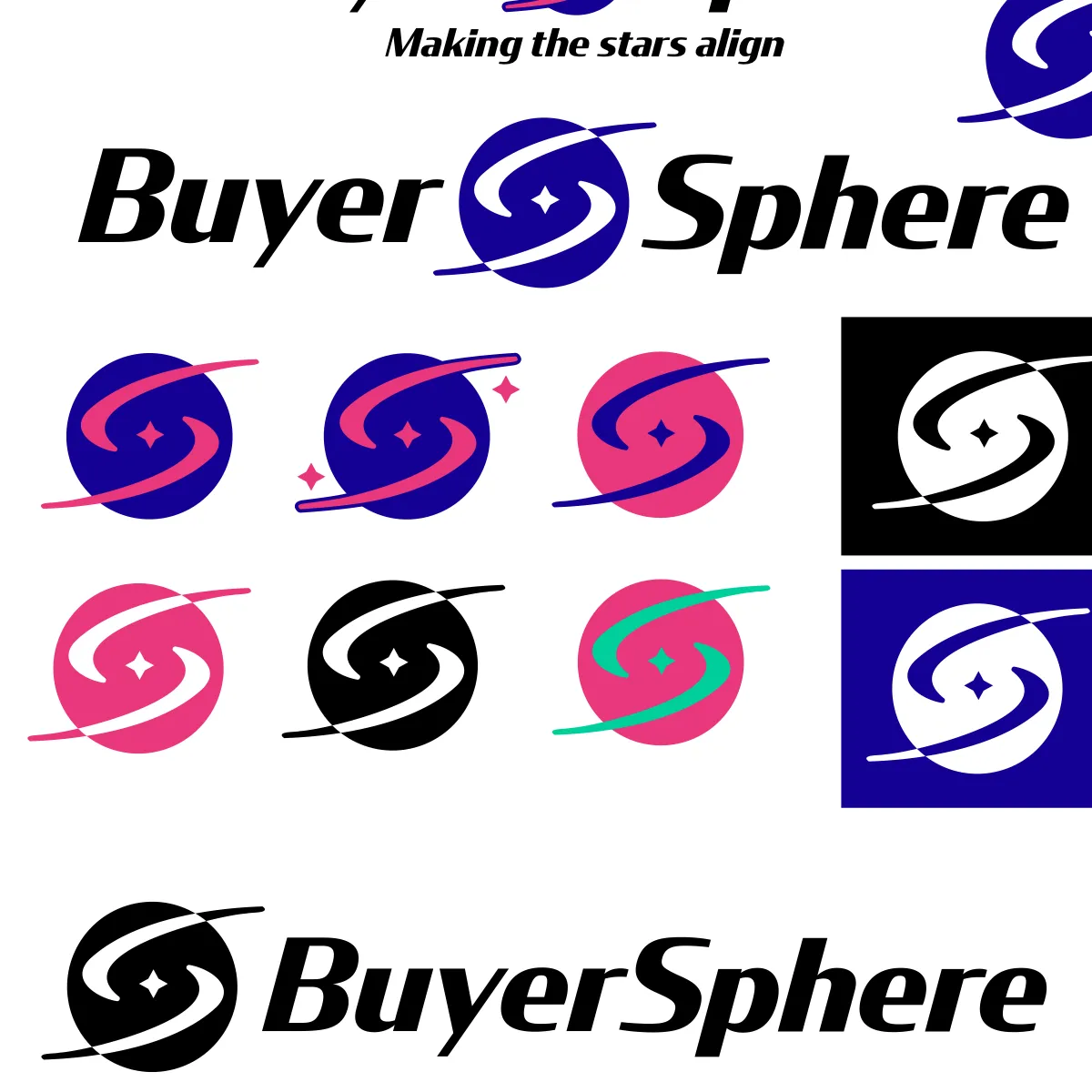 BuyerSphere logo sheet: a swirl mark in navy, pink, and black, with the wordmark 'Making the stars align'.