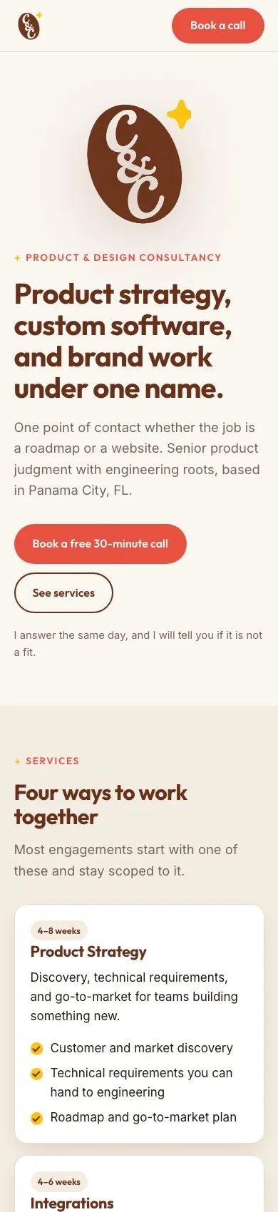 The site at phone width: the bean mark, the headline, the two buttons, then the service cards stacked.