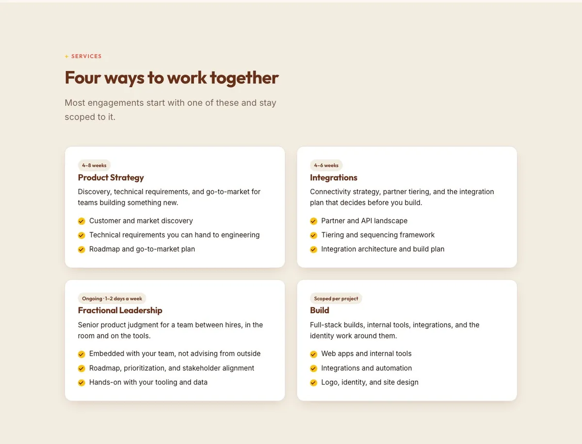 The services section: four cards — Product Strategy, Integrations, Fractional Leadership, Build — each with a duration chip and three bullet deliverables, on a warm cream ground.
