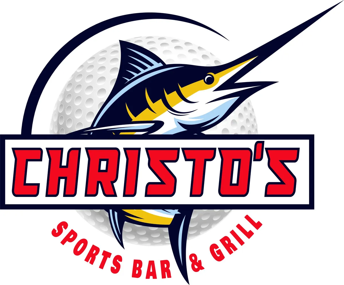 Christo's Sports Bar & Grill: a leaping blue marlin over a golf ball, with a red wordmark banner.