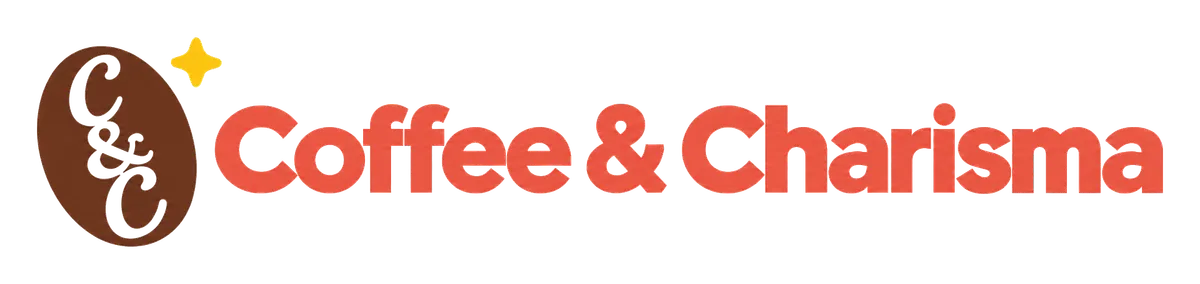 Coffee & Charisma logo: a brown coffee bean carrying a white script C&C, a small yellow sparkle at its shoulder, and the name in bold coral beside it.