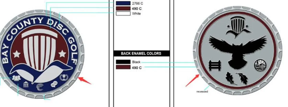 Vendor mockup of the challenge coin: the club crest on the front and the Majette owl on the back, with measurement marks.