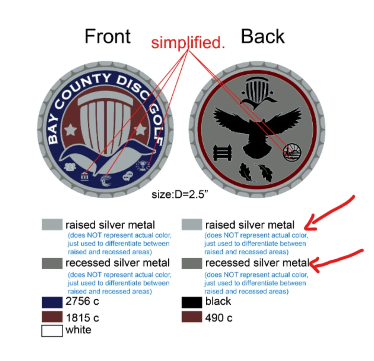 Coin spec sheet marking which areas are raised silver metal, recessed silver metal, and which enamel colors fill each region.
