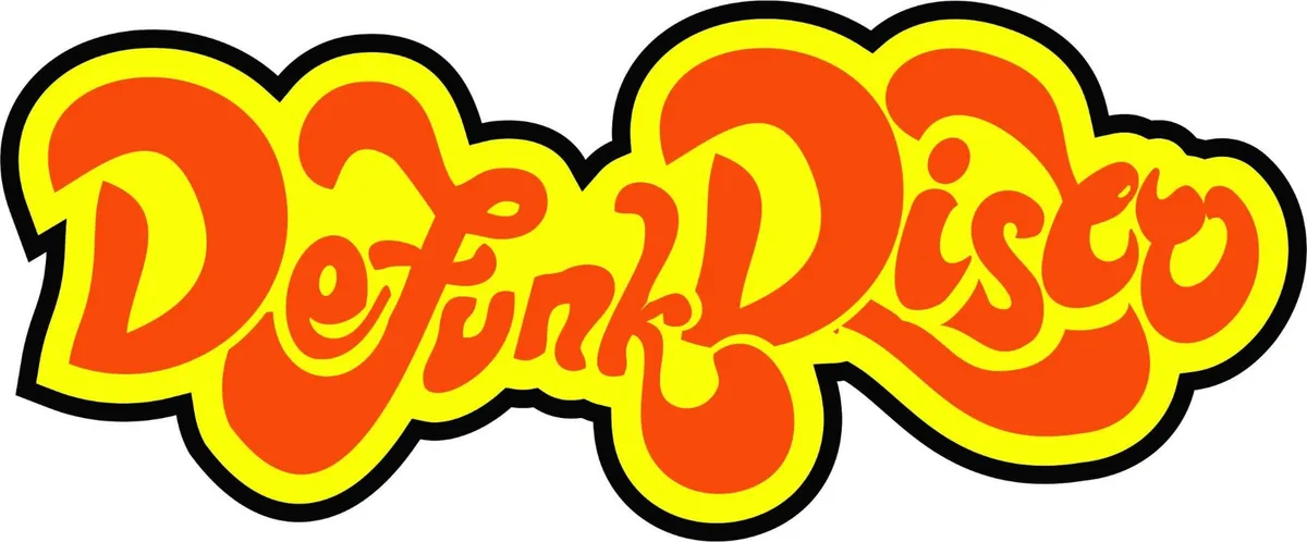 Defunk Disco wordmark in bubbly 1970s lettering, orange on yellow.