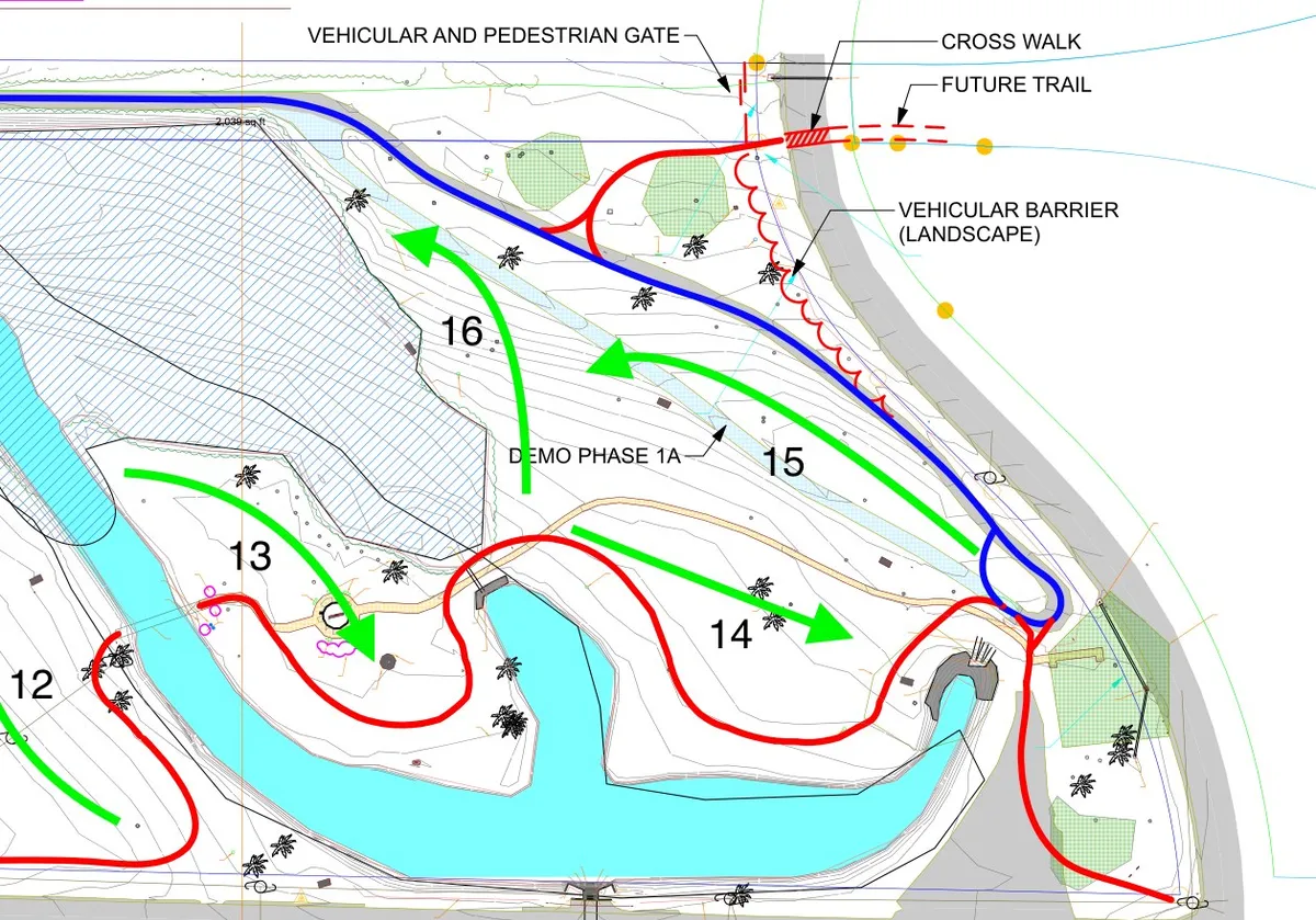Detail of holes 12 through 18 around the eastern pond and the vehicular gate.