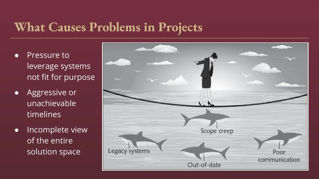 Slide: What causes problems in projects, with a cartoon of a person surrounded by sharks labeled legacy systems, scope creep, out-of-date, poor communication.