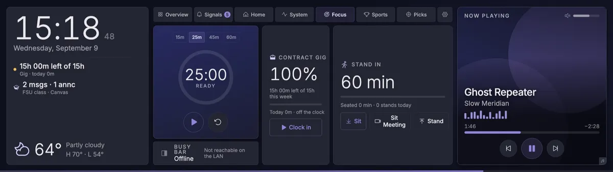 Edge HUD Focus view: a 25 minute focus timer, a contract gig hours card, a stand-in timer with Sit, Sit Meeting and Stand buttons, and a Busy Bar status.