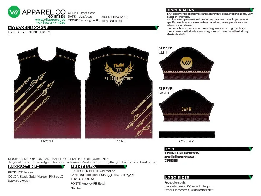 VII Apparel spec sheet for the black colorway of the FSU-themed jersey.