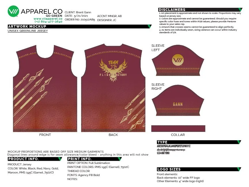 VII Apparel spec sheet for an FSU-themed jersey: garnet body with gold spears, front, back, and sleeve panels with print specifications.