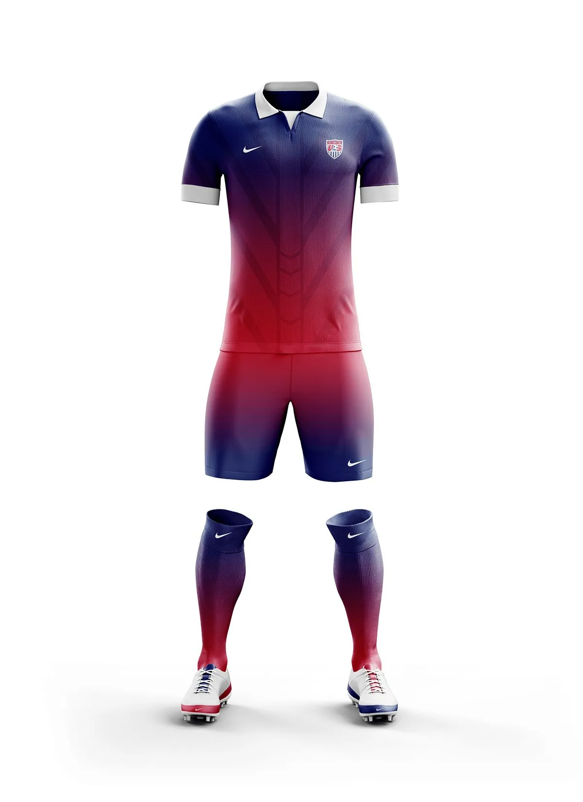 A navy-to-red gradient kit mockup with a textured body, shown on a full mannequin with shorts and socks.