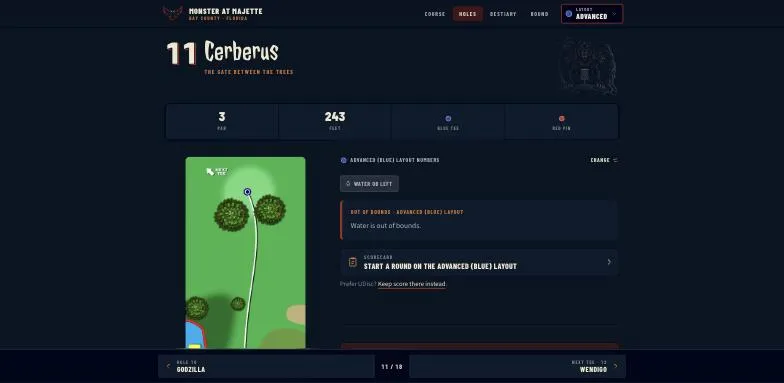 Hole 11, Cerberus: a short par 3 between two trees with a single water hazard.