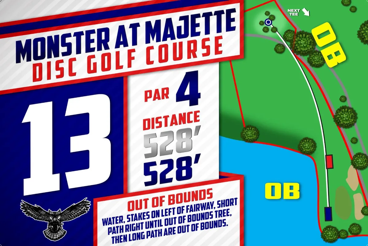 Hole 13 tee sign: par 4, 528 feet, the owl mark, out-of-bounds text, and a top-down fairway map with water, OB lines, a mando, and the next-tee arrow.