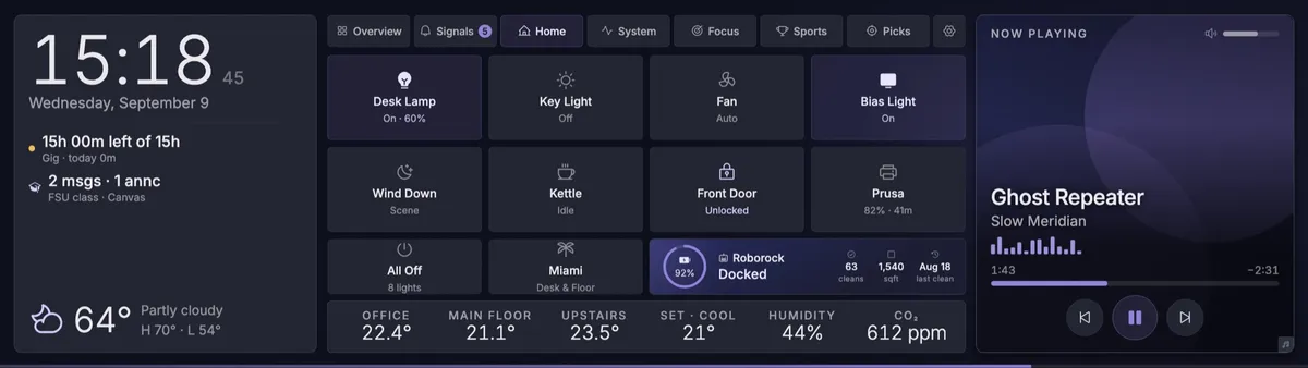Edge HUD Home view: a grid of Home Assistant device tiles showing state, a vacuum card, and a climate strip along the bottom.