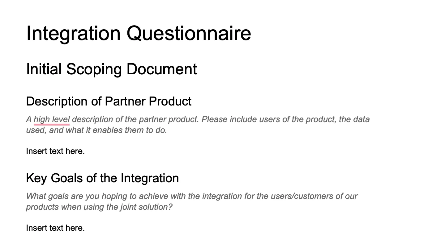 Technology Partnerships Integration Questionnaire