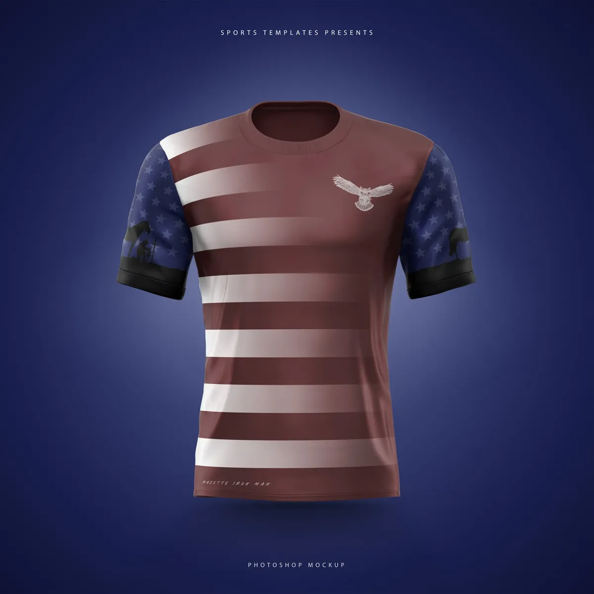 Majette Iron Man jersey front: red and white stripes with a navy star-field yoke and the eagle mark on the chest.