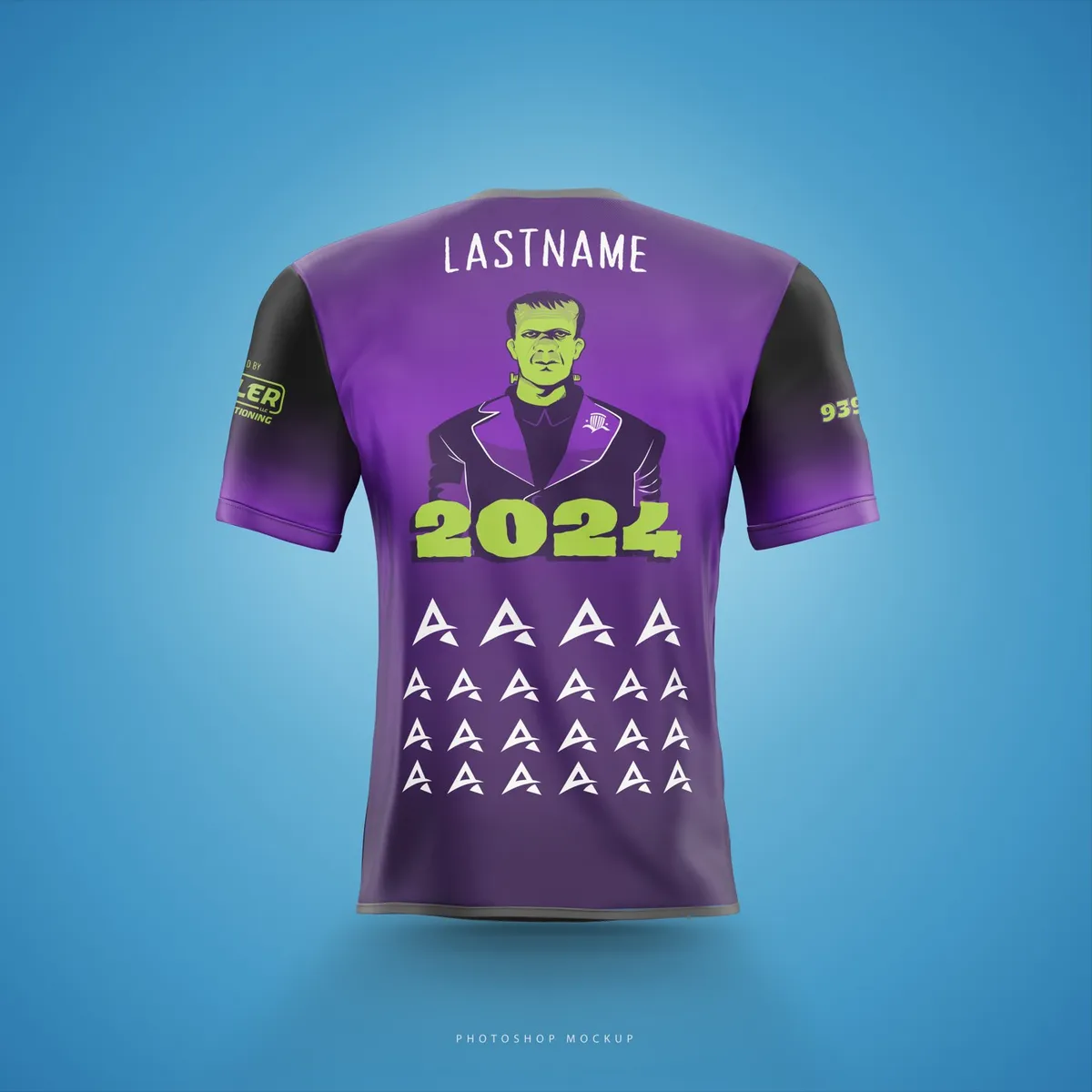 2024 Monster Mash jersey front: purple with the character, the year in green, and a grid of club marks.