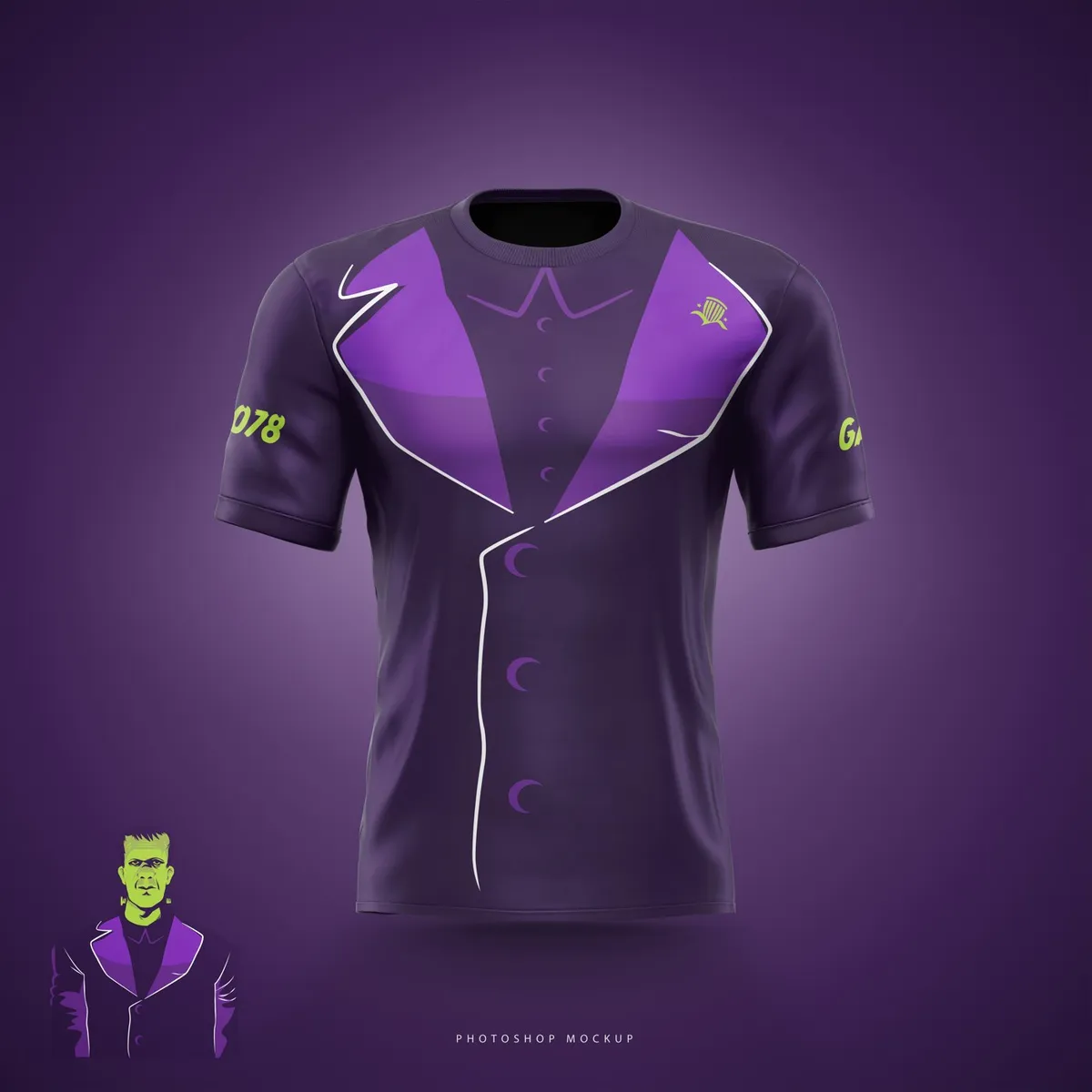 2025 Monster Mash jersey front: a purple jacket with lapels and buttons printed on the shirt so the player wears the costume.