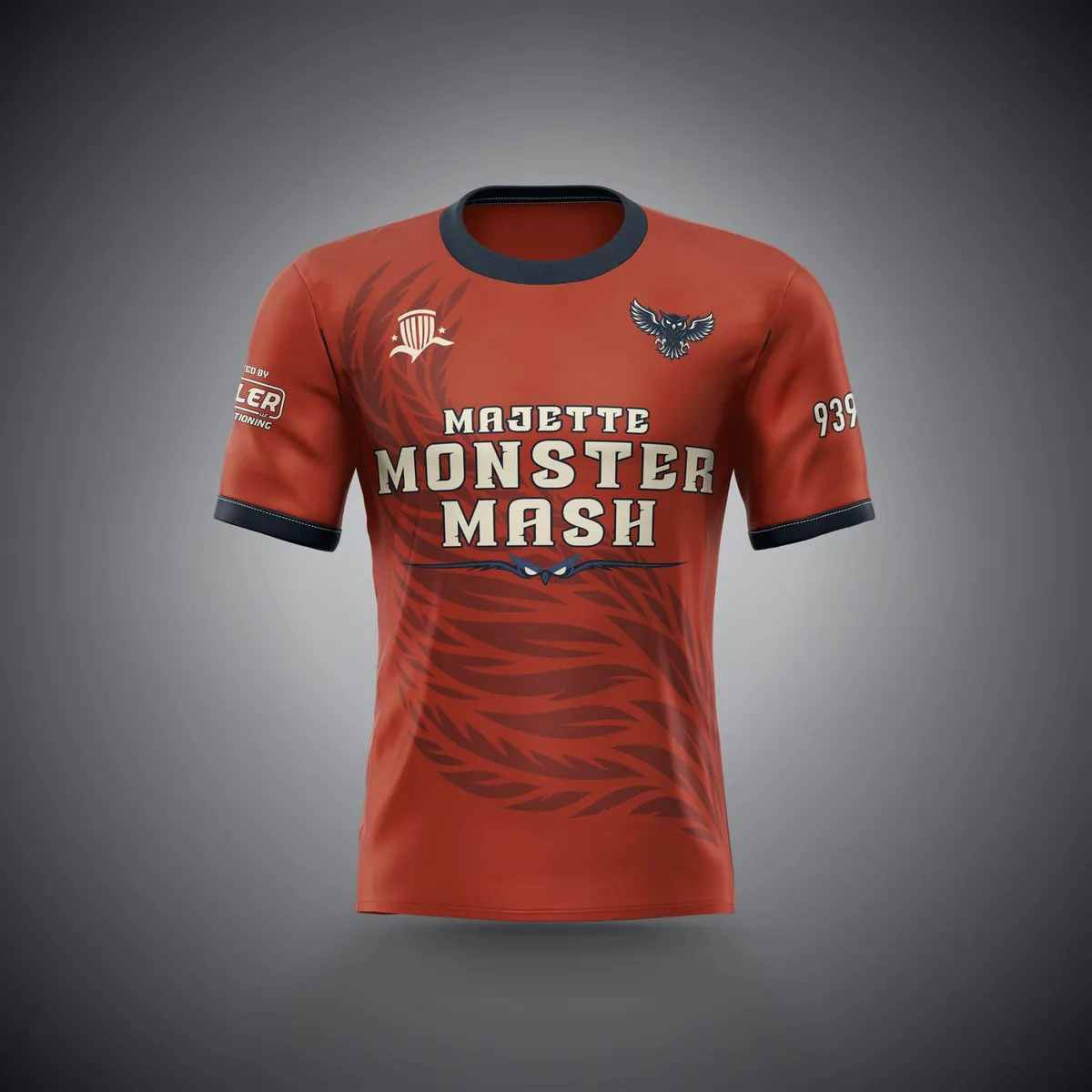 2026 Monster Mash jersey, ember colorway: the inverted version on muted ember with navy feathers.