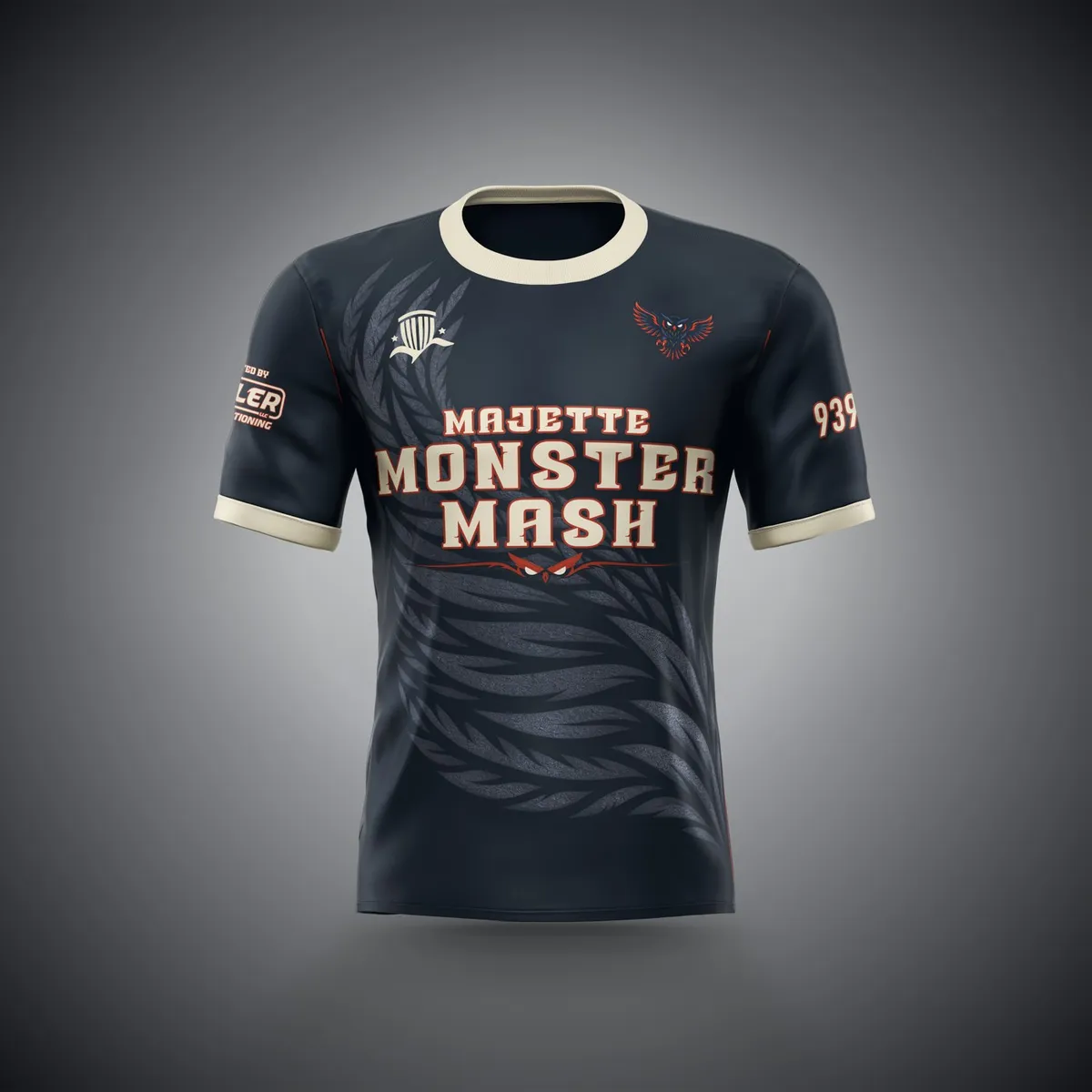2026 Monster Mash jersey, navy colorway: midnight navy with tonal owl feathers, the wordmark in warm bone with an ember owl mark, and a bone collar.