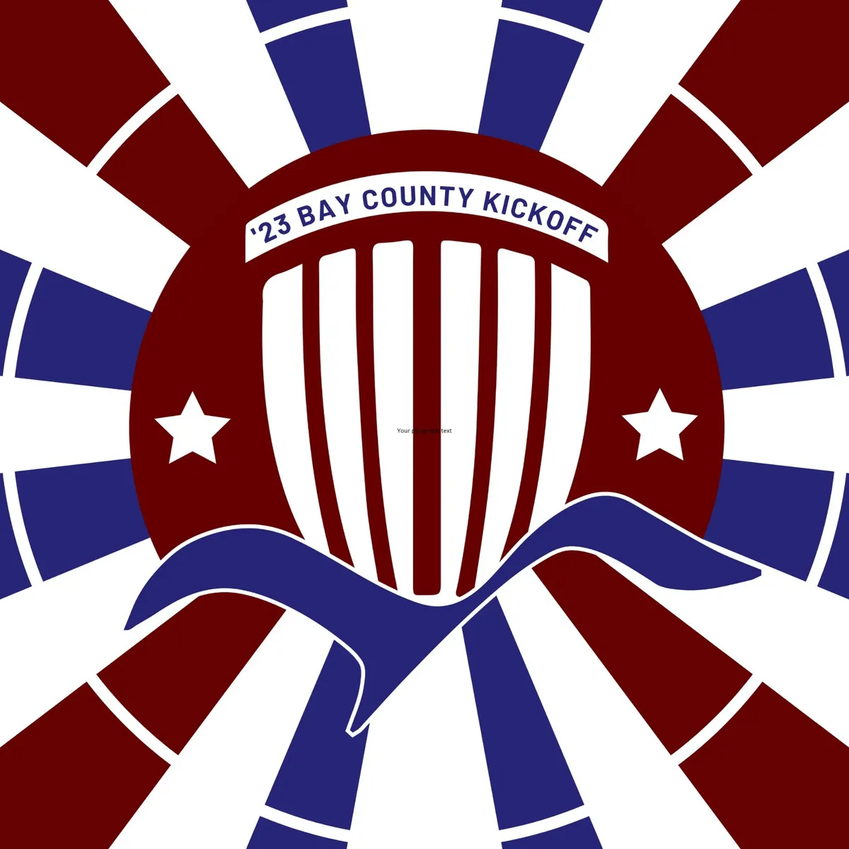 2023 Bay County Kick Off stamp: the club crest over red, white, and blue sunburst rays.