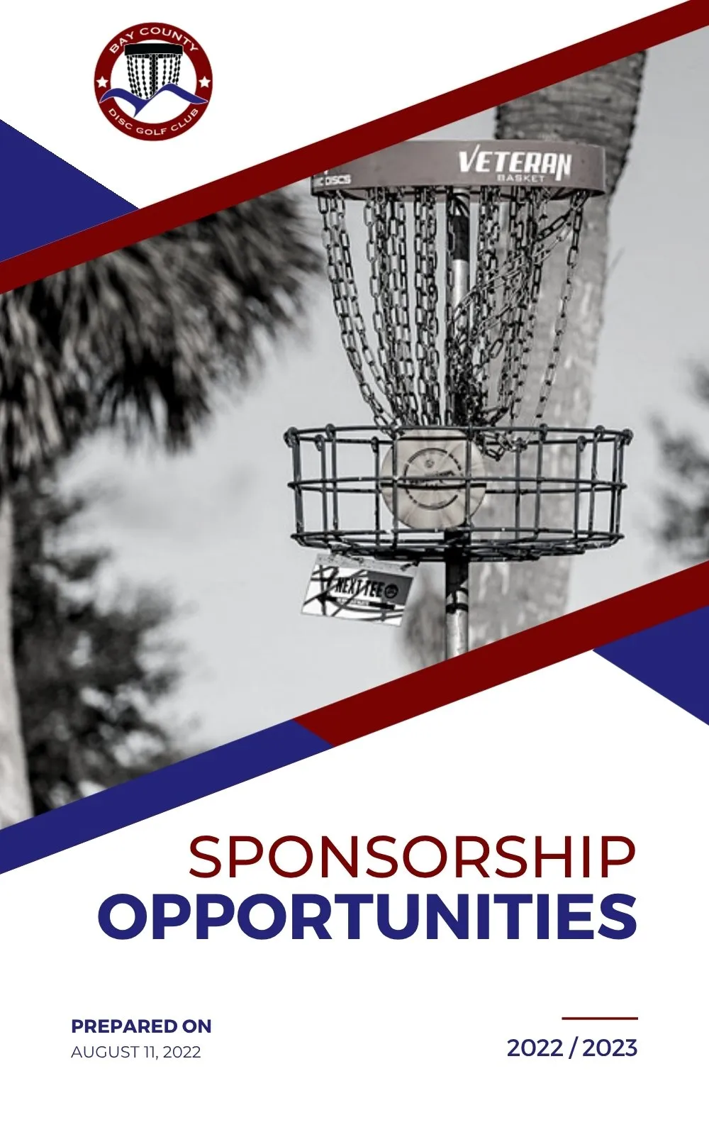 Bay County Kick Off sponsorship sheet: a table of levels from a social media shout-out at $25 through personal tee sign, commercial tee sign, and presenting sponsor at $1,250.