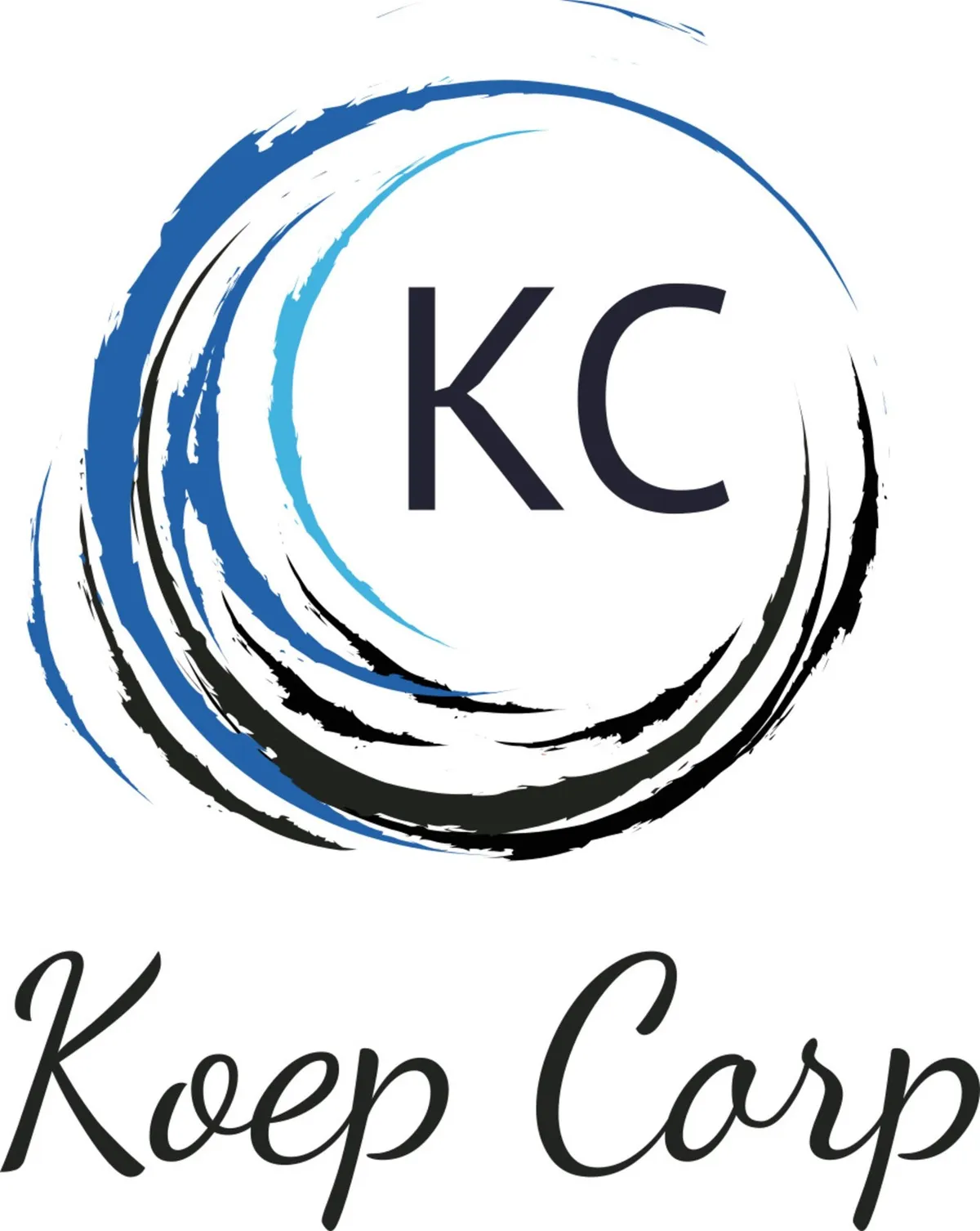 Koep Corp: a KC monogram inside a loose brushed-ink circle in blue and black, over a script wordmark.