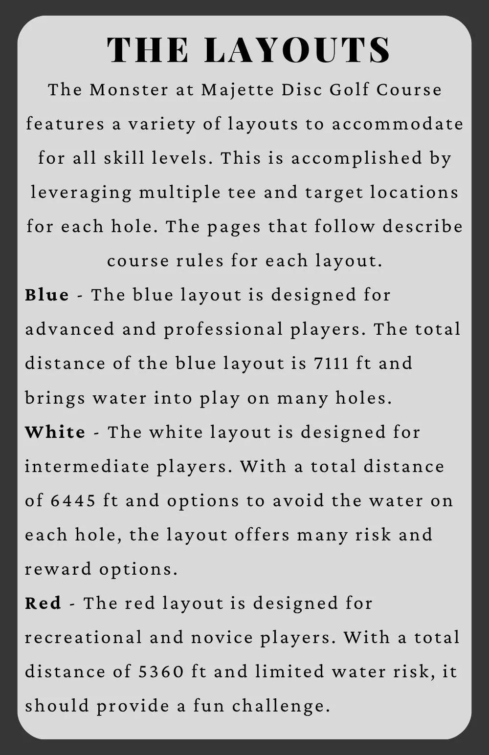 Caddy book page titled The Layouts, explaining the Blue, White, and Red layouts and who each is for.