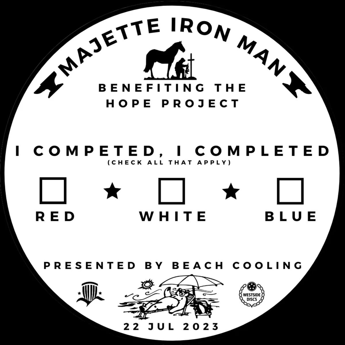 Iron Man finisher graphic: 'I competed, I completed' with checkboxes for the red, white, and blue layouts, presented by Beach Cooling, 22 Jul 2023.