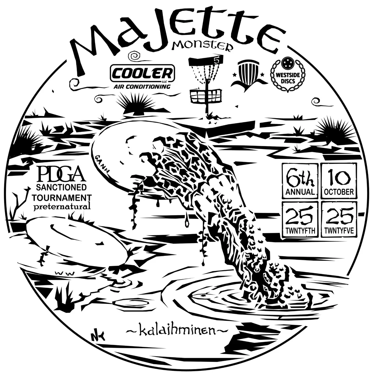 Single-color hot stamp art for Majette Monster 2025: a line-drawn monster rising from water beneath a basket, with the tournament date and sponsor.