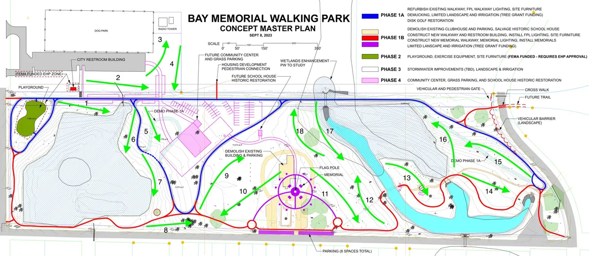 Bay Memorial Walking Park concept master plan, September 8, 2023, with 18 numbered green arrows showing the disc golf hole routing across the park, around the ponds, the memorial, and the restored school house.